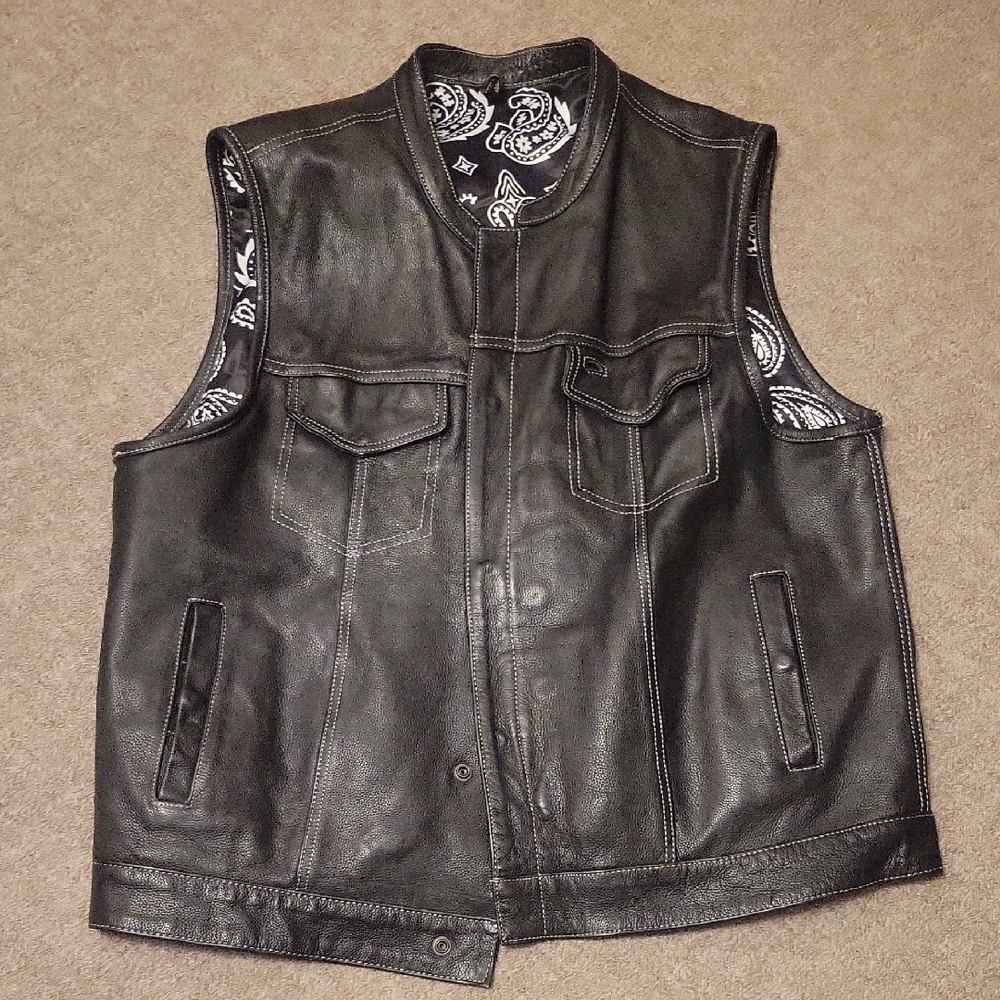 Black Leather Motorcycle Vest with Stand-Up Collar